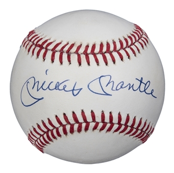 Mickey Mantle Single Signed OAL Brown Baseball (PSA/DNA MINT 9)